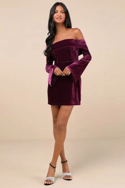 Lulus Alluring Glam Plum Velvet Off-the-shoulder Mini Dress In Purple