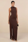 Lulus Alluring Influence Dark Brown Mock Neck Sleeveless Maxi Dress In Brown