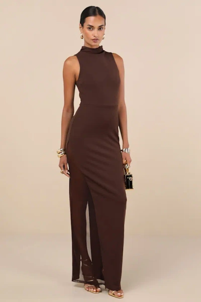 Lulus Alluring Influence Dark Brown Mock Neck Sleeveless Maxi Dress