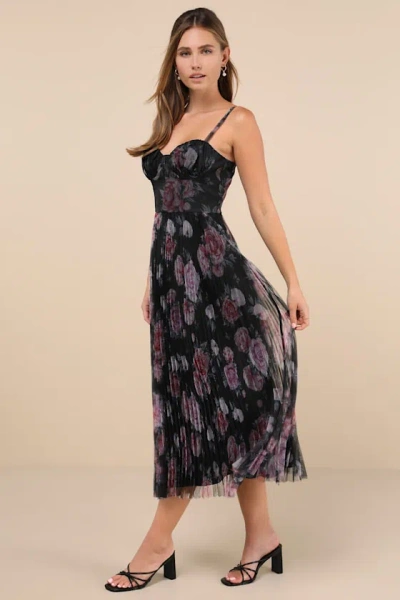 Lulus Alluring Invite Black Floral Pleated Bustier Midi Dress