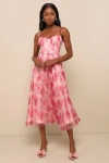 LULUS ALLURING INVITE LIGHT PINK FLORAL PLEATED BUSTIER MIDI DRESS