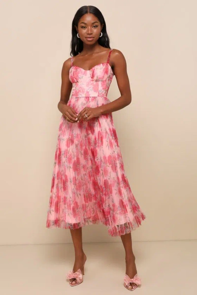 Lulus Alluring Invite Light Pink Floral Pleated Bustier Midi Dress