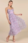 Lulus Alluring Invite Purple Multi Floral Pleated Bustier Midi Dress In Purple