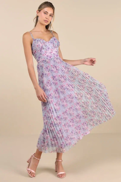 Lulus Alluring Invite Purple Multi Floral Pleated Bustier Midi Dress