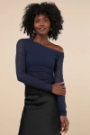 Lulus Alluring Poise Navy Blue Lace One-shoulder Long Sleeve Top In Navy Blue