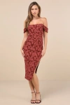 Lulus Alluring Rsvp Rusty Rose Burnout Off-the-shoulder Midi Dress In Pink
