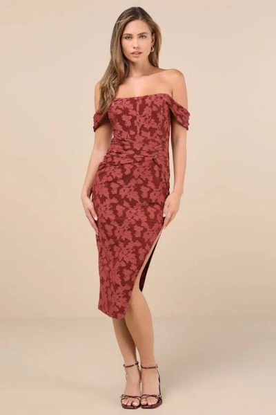Lulus Alluring Rsvp Rusty Rose Burnout Off-the-shoulder Midi Dress In Pink