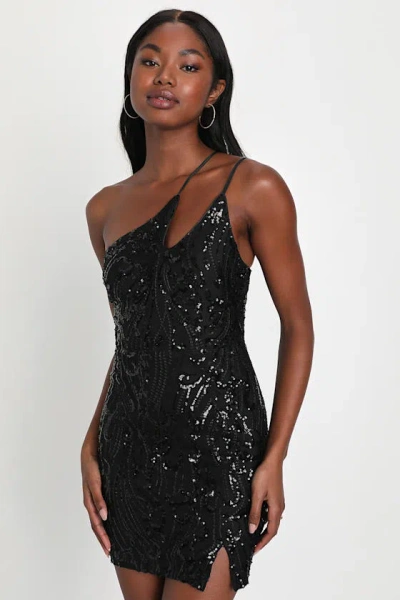 Lulus Alluring Shine Black Sequin One-shoulder Mini Dress