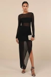 Lulus Alluring Silhouette Black Sheer Mesh Backless Maxi Dress In Black