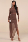Lulus Alluring Silhouette Dark Brown Sheer Mesh Backless Maxi Dress In Brown