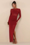 Lulus Alluring Silhouette Dark Red Sheer Mesh Backless Maxi Dress In Dark Red