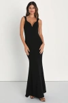 Lulus Alluring Temptation Black Backless Ruched Mermaid Maxi Dress In Black