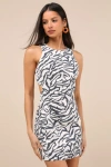 Lulus Alouette Beige And Black Zebra Print Linen Cutout Mini Dress In Beige And Black