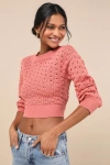 Lulus Always All Mine Dusty Rose Lace-up Cropped Pointelle Sweater In Dusty Rose