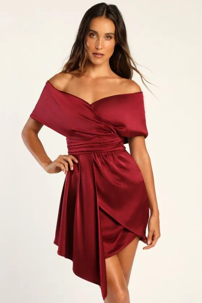 Lulus Always Celebrating Burgundy Satin Off-the-shoulder Mini Dress