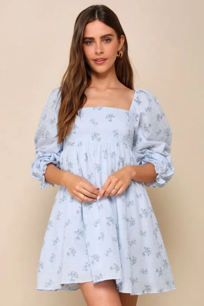 Lulus Always Charming Light Blue Floral Swiss Dot Babydoll Dress