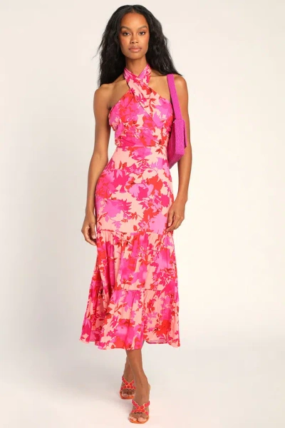 Lulus Always Eye-catching Hot Pink Floral Tiered Halter Midi Dress
