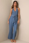 Lulus Always Imitated Blue Chambray Halter Wide-leg Jumpsuit In Blue