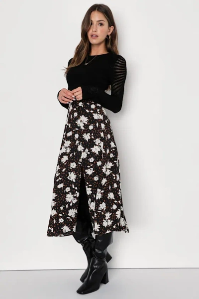 Lulus Always Praiseworthy Black Floral Print Midi Skirt