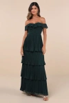 Lulus Always Remarkable Emerald Pleated Off-the-shoulder Maxi Dress In Green
