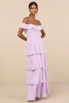 Lulus Always Remarkable Lavender Pleated Off-the-shoulder Maxi Dress In Purple