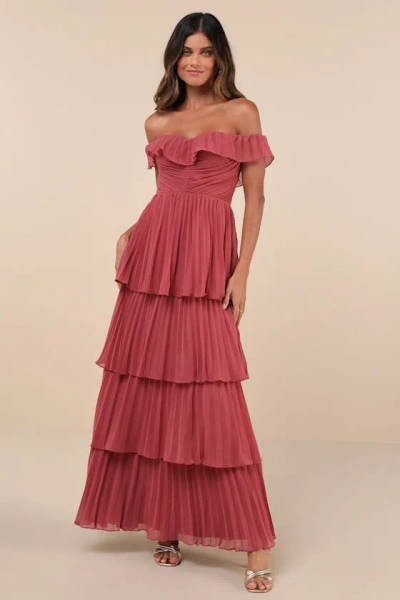 Lulus Always Remarkable Rusty Rose Pleated Off-the-shoulder Maxi Dress In Pink