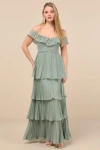 Lulus Always Remarkable Sage Brush Pleated Off-the-shoulder Maxi Dress In Green