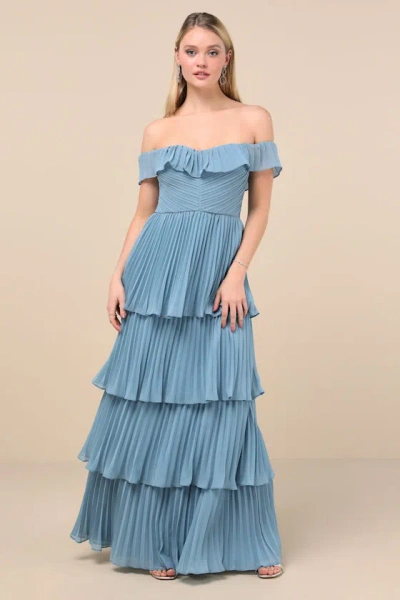 Lulus Always Remarkable Slate Blue Pleated Off-the-shoulder Maxi Dress