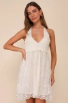 Lulus Always So Angelic Cream Knit Mesh Embroidered Halter Mini Dress In White