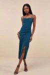 Lulus Always Turning Heads Dark Teal Bustier Tulip Midi Dress In Teal