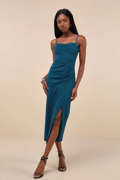 Lulus Always Turning Heads Dark Teal Bustier Tulip Midi Dress