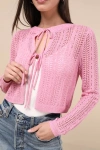 Lulus Alwilda Pink Pointelle Knit Tie-front Cardigan Sweater Top In Pink