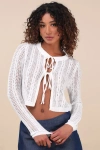 Lulus Alwilda White Pointelle Knit Tie-front Cardigan Sweater Top In White