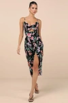 Lulus Amadea Black Floral Print Cutout Tie-front Midi Dress