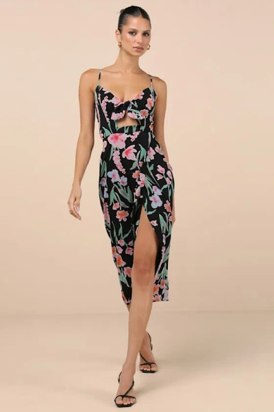 Lulus Amadea Black Floral Print Cutout Tie-front Midi Dress