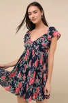 Lulus Amalfi Coast Dark Navy Floral Pleated Flutter Sleeve Mini Dress In Navy