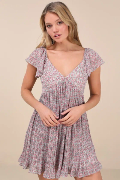 Lulus Amalfi Coast White Floral Pleated Flutter Sleeve Mini Dress