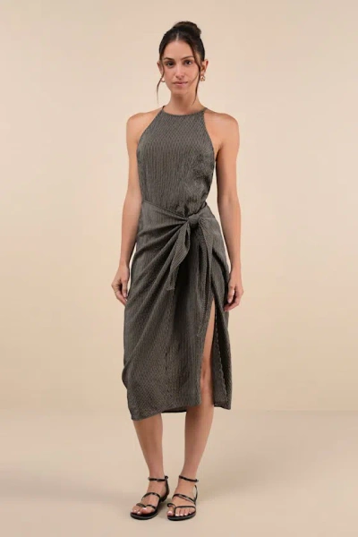 Lulus Amalfi Muse Black Striped Cutout Faux Wrap Midi Dress