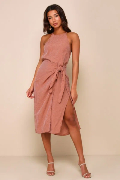 Lulus Amalfi Muse Rust Brown Striped Cutout Faux Wrap Midi Dress