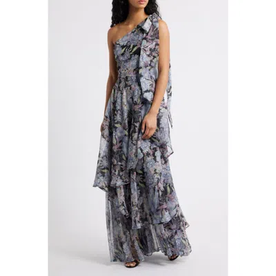 Lulus Amara Floral One-shoulder Gown In Gray