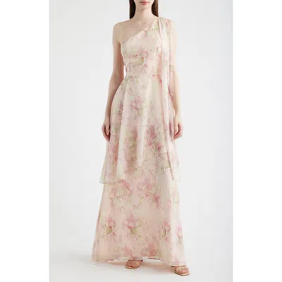 Lulus Amara Floral Print One-shoulder Gown In Multi