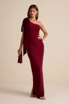 Lulus Amarila Burgundy One-shoulder Velvet Bow Maxi Dress In Burgundy