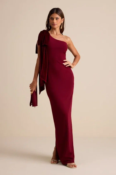 Lulus Amarila Burgundy One-shoulder Velvet Bow Maxi Dress