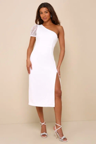 Lulus Amazing Glamour White Polka Dot Mesh One-shoulder Midi Dress