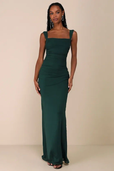Lulus Amazing Presence Dark Green Mesh Ruched Column Maxi Dress