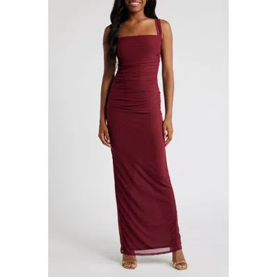 Lulus Amazing Presence Ruched Mesh Cocktail Dress In Burgundy