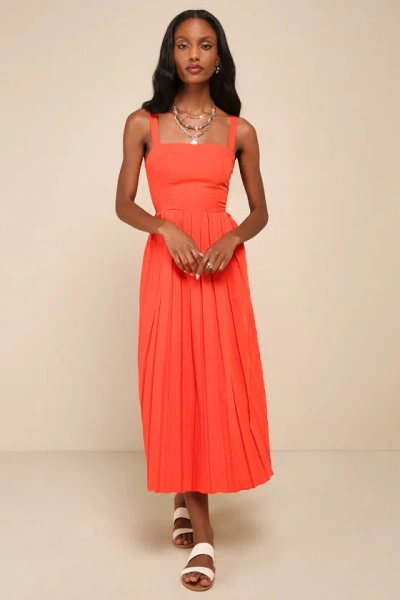 Lulus Amazingly Chic Red Orange Pleated Sleeveless Midi Dress