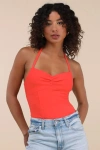 Lulus Amberlyn Bright Red Halter Neck Bodysuit In Red