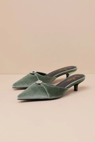 Lulus Ambersen Sage Velvet Pointed-toe Kitten Heel Pumps In Green