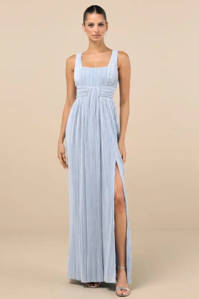 Lulus Ameena Light Blue Plisse Square Neck Sash Maxi Dress